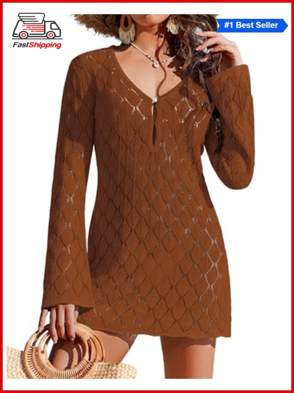 ✨Ekouaer Crochet Swim Coverup Long Sleeve Hollow Out Beach Cover Up